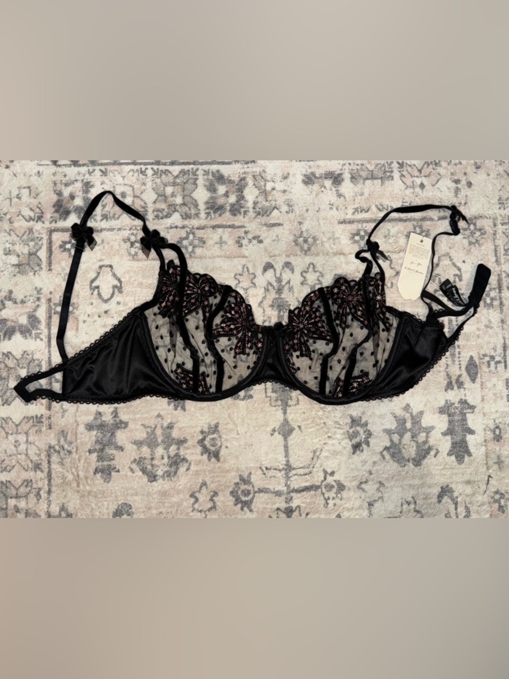 NWT For Love And Lemons Black Sheer Embroidered Underwire Bra Pink Bows 34DD